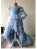 Blue Ruffled Tulle Feather High Low Flower Girl Dress